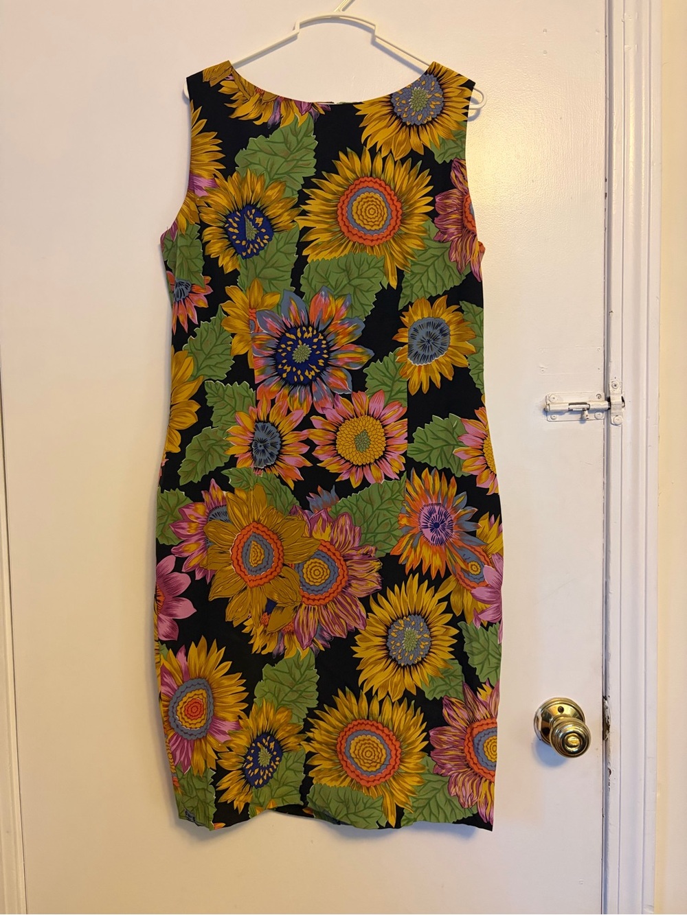Gillian Vintage Silk Sleeveless Black Sunflower Print Dress